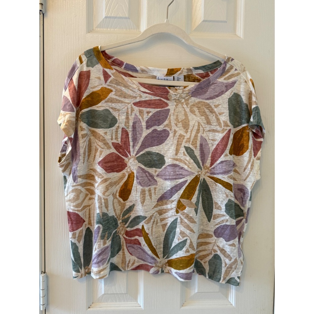 Nicole Miller New York Linen Floral Top Women's L Abstract Short Sleeve